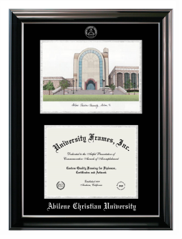 Abilene Christian University Double Opening with Campus Image (Stacked) Frame in Classic Ebony with Silver Trim with Black & Silver Mats for document: 8 1/2"h x 11"w  