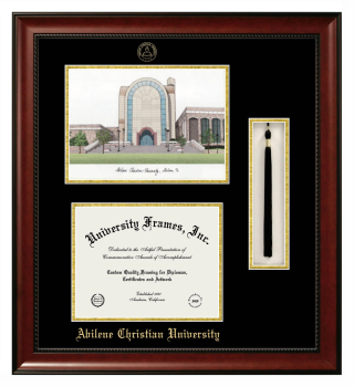 Abilene Christian University Double Opening with Campus Image & Tassel Box (Stacked) Frame in Avalon Mahogany with Black & Gold Mats for document: 8 1/2"h x 11"w  