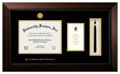Academy of Art University Diploma with Announcement & Tassel Box Frame in Legacy Black Cherry with Black & Gold Mats for document: 8 1/2"h x 11"w  , diploma: 7"h x 4"w  