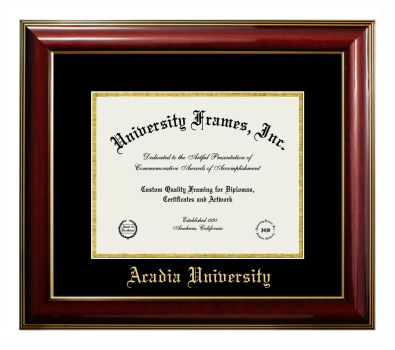 Acadia University Diploma Frame in Classic Mahogany with Gold Trim with Black & Gold Mats for document: 8 1/2"h x 11"w  