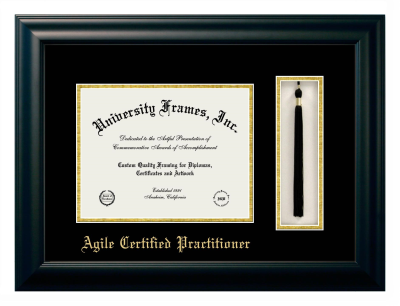 Agile Certified Practitioner Diploma with Tassel Box Frame in Satin Black with Black & Gold Mats for document: 8 1/2"h x 11"w  
