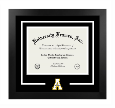 Appalachian State University Logo Mat Frame in Manhattan Black with Black & White Mats for document: 8 1/2"h x 11"w  