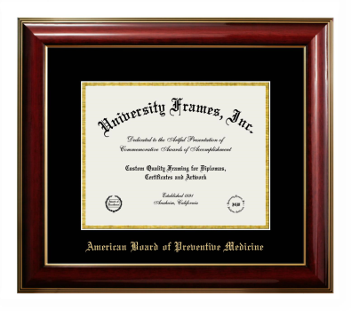 American Board of Preventive Medicine Diploma Frame in Classic Mahogany with Gold Trim with Black & Gold Mats for document: 8 1/2"h x 11"w  