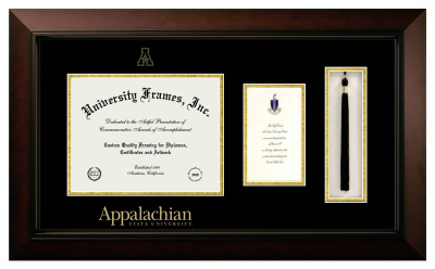 Appalachian State University Diploma with Announcement & Tassel Box Frame in Legacy Black Cherry with Black & Gold Mats for document: 8 1/2"h x 11"w  , diploma: 7"h x 4"w  