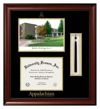 Appalachian State University Double Opening with Campus Image & Tassel Box (Stacked) Frame in Avalon Mahogany with Black & Gold Mats for document: 8 1/2"h x 11"w  
