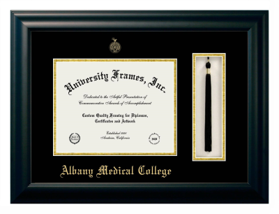 Albany Medical College Diploma with Tassel Box Frame in Satin Black with Black & Gold Mats for document: 8 1/2"h x 11"w  