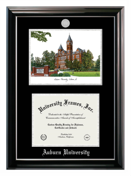 Auburn University Double Opening with Campus Image (Stacked) Frame in Classic Ebony with Silver Trim with Black & Silver Mats for document: 8 1/2"h x 11"w  