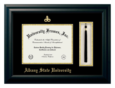 Albany State University (Albany, GA) Diploma with Tassel Box Frame in Satin Black with Black & Gold Mats for document: 8 1/2"h x 11"w  