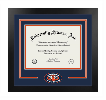 Auburn University College of Architecture, Design and Construction Logo Mat Frame in Manhattan Black with Navy Blue & Orange Mats for document: 8 1/2"h x 11"w  