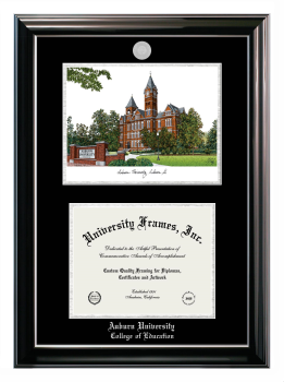 Auburn University College of Education Double Opening with Campus Image (Stacked) Frame in Classic Ebony with Silver Trim with Black & Silver Mats for document: 8 1/2"h x 11"w  