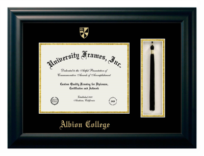 Albion College Diploma with Tassel Box Frame in Satin Black with Black & Gold Mats for document: 8 1/2"h x 11"w  