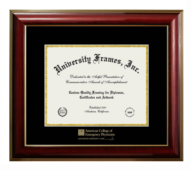 American College of Emergency Physicians Diploma Frame in Classic Mahogany with Gold Trim with Black & Gold Mats for document: 8 1/2"h x 11"w  