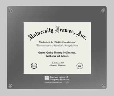 American College of Emergency Physicians Lucent Clear-over-Smoke Frame in Lucent Smoke Moulding with Lucent Smoke Mat for document: 8 1/2"h x 11"w  