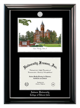 Auburn University College of Liberal Arts Double Opening with Campus Image (Stacked) Frame in Classic Ebony with Silver Trim with Black & Silver Mats for document: 8 1/2"h x 11"w  