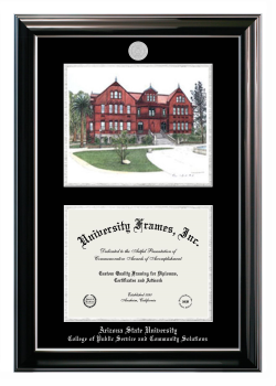 Arizona State University College of Public Service and Community Solutions Double Opening with Campus Image (Stacked) Frame in Classic Ebony with Silver Trim with Black & Silver Mats for document: 8 1/2"h x 11"w  
