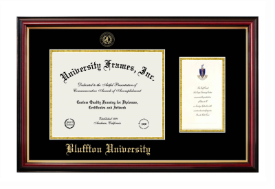 Bluffton University Diploma with Announcement Frame in Petite Mahogany with Gold Trim with Black & Gold Mats for document: 8 1/2"h x 11"w  , diploma: 7"h x 4"w  