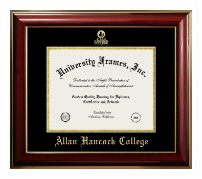 Allan Hancock College Diploma Frame in Classic Mahogany with Gold Trim with Black & Gold Mats for document: 8 1/2"h x 11"w  