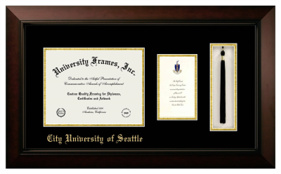 City University of Seattle Diploma with Announcement & Tassel Box Frame in Legacy Black Cherry with Black & Gold Mats for document: 8 1/2"h x 11"w  , diploma: 7"h x 4"w  