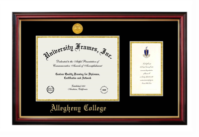 Allegheny College Diploma with Announcement Frame in Petite Mahogany with Gold Trim with Black & Gold Mats for document: 8 1/2"h x 11"w  , diploma: 7"h x 4"w  