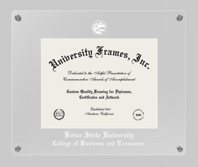 Boise State University College of Business and Economics Lucent Clear-over-Clear Frame in Lucent Clear Moulding with Lucent Clear Mat for document: 8 1/2"h x 11"w  