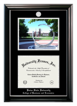 Boise State University College of Business and Economics Double Opening with Campus Image (Stacked) Frame in Classic Ebony with Silver Trim with Black & Silver Mats for document: 8 1/2"h x 11"w  