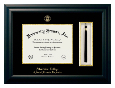 Allentown College of Saint Francis De Sales Diploma with Tassel Box Frame in Satin Black with Black & Gold Mats for document: 8 1/2"h x 11"w  