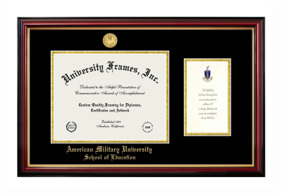 American Military University School of Education Diploma with Announcement Frame in Petite Mahogany with Gold Trim with Black & Gold Mats for document: 8 1/2"h x 11"w  , diploma: 7"h x 4"w  