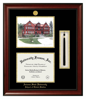 Arizona State University School of Global Studies Double Opening with Campus Image & Tassel Box (Stacked) Frame in Avalon Mahogany with Black & Gold Mats for document: 8 1/2"h x 11"w  