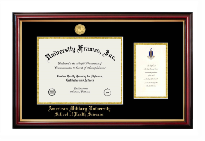 American Military University School of Health Sciences Diploma with Announcement Frame in Petite Mahogany with Gold Trim with Black & Gold Mats for document: 8 1/2"h x 11"w  , diploma: 7"h x 4"w  