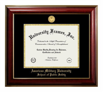 American Military University School of Public Safety Diploma Frame in Classic Mahogany with Gold Trim with Black & Gold Mats for document: 8 1/2"h x 11"w  