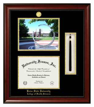 Boise State University College of Health Sciences Double Opening with Campus Image & Tassel Box (Stacked) Frame in Avalon Mahogany with Black & Gold Mats for document: 8 1/2"h x 11"w  