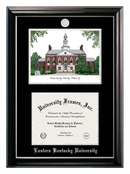 Eastern Kentucky University Double Opening with Campus Image (Stacked) Frame in Classic Ebony with Silver Trim with Black & Silver Mats for document: 8 1/2"h x 11"w  