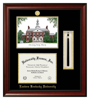 Eastern Kentucky University Double Opening with Campus Image & Tassel Box (Stacked) Frame in Avalon Mahogany with Black & Gold Mats for document: 8 1/2"h x 11"w  
