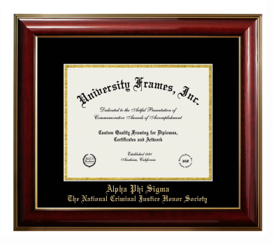 Alpha Phi Sigma The National Criminal Justice Honor Society Diploma Frame in Classic Mahogany with Gold Trim with Black & Gold Mats for document: 8 1/2"h x 11"w  