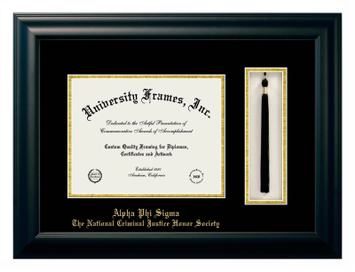 Alpha Phi Sigma The National Criminal Justice Honor Society Diploma with Tassel Box Frame in Satin Black with Black & Gold Mats for document: 8 1/2"h x 11"w  