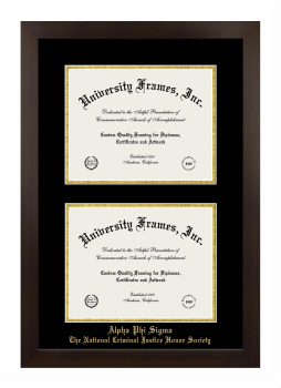 Alpha Phi Sigma The National Criminal Justice Honor Society Double Diploma Frame in Manhattan Espresso with Black & Gold Mats for document: 8 1/2"h x 11"w  , document: 8 1/2"h x 11"w  