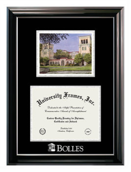 Bolles School Double Opening with Campus Image (Stacked) Frame in Classic Ebony with Silver Trim with Black & Silver Mats for document: 8 1/2"h x 11"w  