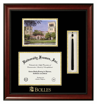 Bolles School Double Opening with Campus Image & Tassel Box (Stacked) Frame in Avalon Mahogany with Black & Gold Mats for document: 8 1/2"h x 11"w  