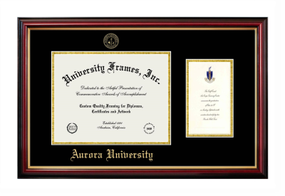 Aurora University Diploma with Announcement Frame in Petite Mahogany with Gold Trim with Black & Gold Mats for document: 8 1/2"h x 11"w  , diploma: 7"h x 4"w  