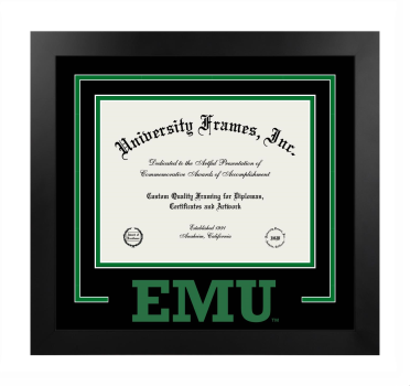 Eastern Michigan University Logo Mat Frame in Manhattan Black with Black & Kelly Green Mats for document: 8 1/2"h x 11"w  