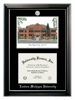 Eastern Michigan University Double Opening with Campus Image (Stacked) Frame in Classic Ebony with Silver Trim with Black & Silver Mats for document: 8 1/2"h x 11"w  