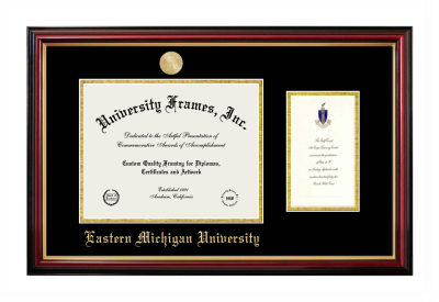 Eastern Michigan University Diploma with Announcement Frame in Petite Mahogany with Gold Trim with Black & Gold Mats for document: 8 1/2"h x 11"w  , diploma: 7"h x 4"w  