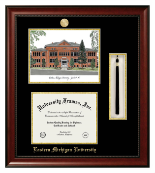 Eastern Michigan University Double Opening with Campus Image & Tassel Box (Stacked) Frame in Avalon Mahogany with Black & Gold Mats for document: 8 1/2"h x 11"w  