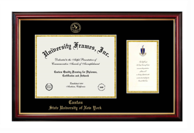 Canton State University of New York Diploma with Announcement Frame in Petite Mahogany with Gold Trim with Black & Gold Mats for document: 8 1/2"h x 11"w  , diploma: 7"h x 4"w  
