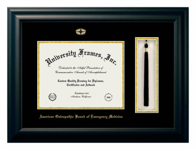 American Osteopathic Board of Emergency Medicine Diploma with Tassel Box Frame in Satin Black with Black & Gold Mats for document: 8 1/2"h x 11"w  
