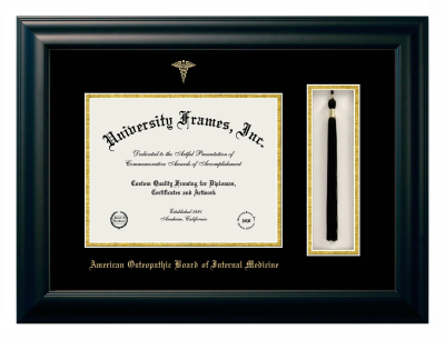 American Osteopathic Board of Internal Medicine Diploma with Tassel Box Frame in Satin Black with Black & Gold Mats for document: 8 1/2"h x 11"w  