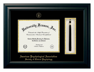 American Psychological Association Society of Clinical Psychology Diploma with Tassel Box Frame in Satin Black with Black & Gold Mats for document: 8 1/2"h x 11"w  