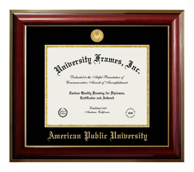 American Public University Diploma Frame in Classic Mahogany with Gold Trim with Black & Gold Mats for document: 8 1/2"h x 11"w  