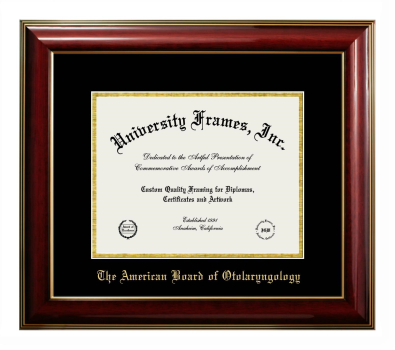 American Board of Otolaryngology Diploma Frame in Classic Mahogany with Gold Trim with Black & Gold Mats for document: 8 1/2"h x 11"w  
