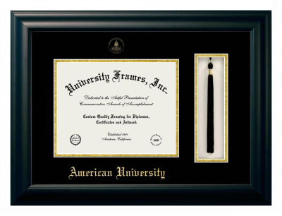 American University Diploma with Tassel Box Frame in Satin Black with Black & Gold Mats for document: 8 1/2"h x 11"w  